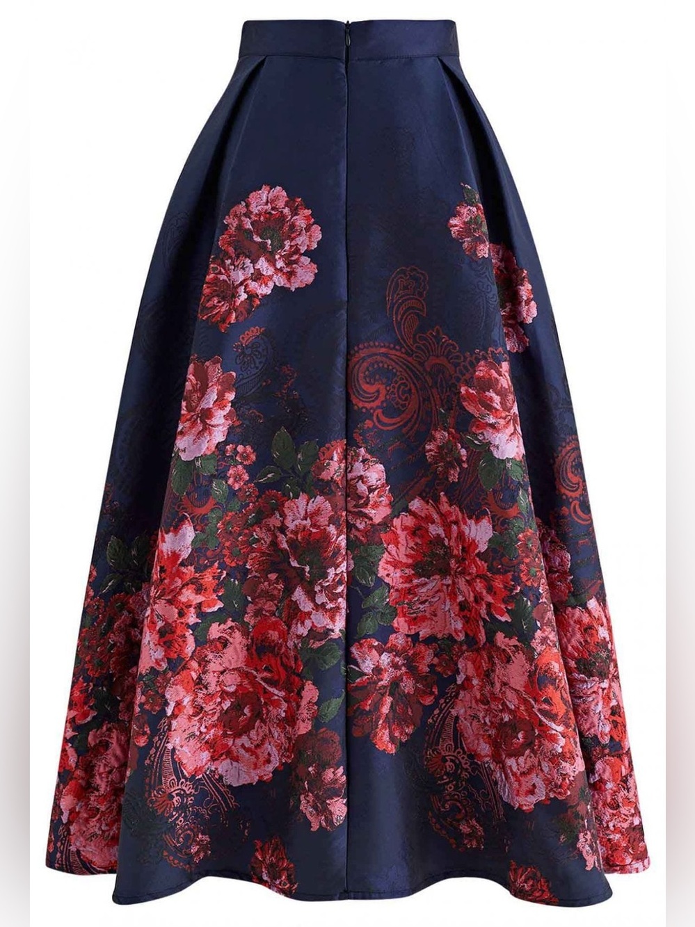 Chicwish Navy Bewitching Peony Jacquard Floral Flare A-line Midi Skirt L - Picture 2 of 7